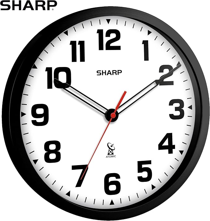 Sharp Atomic Analog Wall Clock - 12" Black Stylish Frame - Sets Automatically- Battery Operated - Easy to Read - Easy to Use – Modern Design and Style