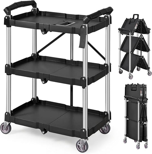VEVOR Foldable Utility Service Cart, 165LBS 3 Shelf Heavy Duty Plastic Rolling Cart with 360° Swivel Wheels (2 with Brakes), Ergonomic Handle, Portable Garage Tool Cart for Warehouse Office Home