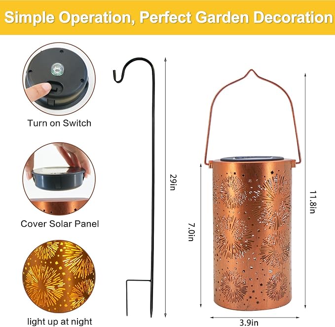 Mothers Day Gifts, Fireworks Birthday Gifts for Women, Solar Lanterns Outdoor Waterproof, Garden Decor Metal Hanging Decorative Solar Lights for Patio Yard Lawn, Gardening Gifts for Women Mom Grandma