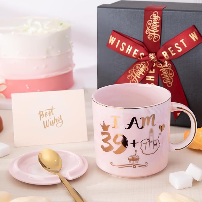 Funny 40th Birthday Gifts for Women - 14oz Pink Marble Ceramic Gold Print Coffee Mug with Cheeky “39+1” Design, Greeting Card & Luxury Gift Box, Celebrating Her Fabulous 40th with Humor and Style
