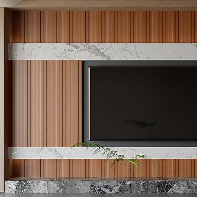 Yutianli PVC Slat Wall Panel Peel and Stick 236"x 15.7" Faux Wood Slat Panel Artificial Walnut Wood Grain Self-Adhesive Soundproof 3D Wall Panel for Walls and Ceilings