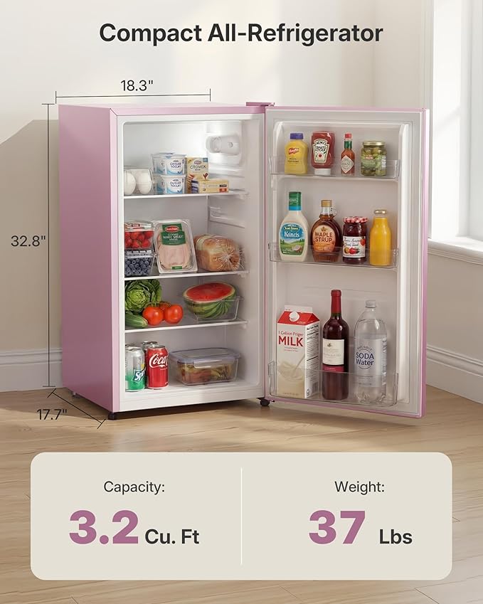 Upstreman 3.2 Cu.Ft All-Refrigerator Mini Fridge, Single Door Small Refrigerator, Dorm Fridge with 7 Adjustable Thermostat, Compact Refrigerator for Office, Bedroom or Dorm,Pink-CR32