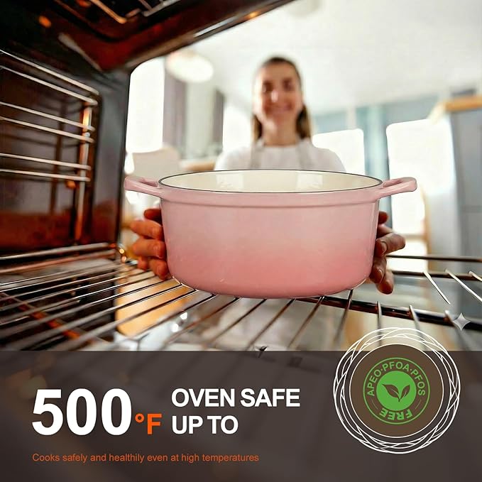 Overmont Enameled Cast Iron Dutch Oven - 5.5QT Pot with Wide Handles Lid Cookbook & Cotton Potholders - Heavy-Duty Pre-Seasoned Cookware Oven Safe to 500°F for Braising, Stews, Roasting, Sourdough Baking