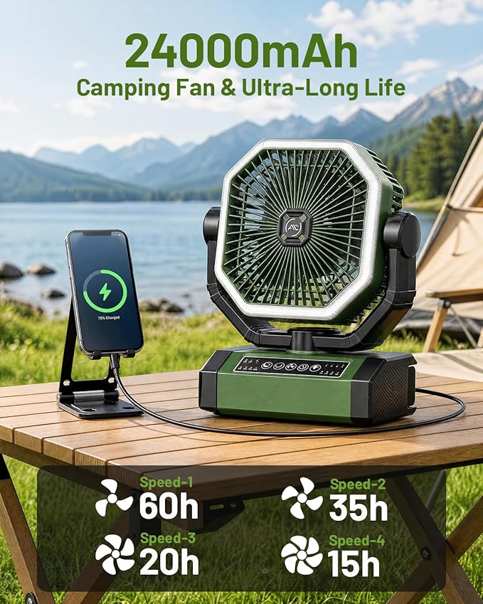 Allsion Camping Fan - 24000mAh Portable Fan, Rechargeable Fan with Light & Remote, Battery Powered Fan 4 Speed Strong Airflow, Desk/Camping/Outdoor/Gym Fan for Office Travel Treadmill Camping Gear