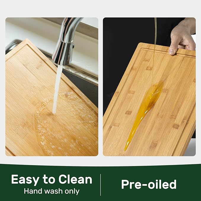 Kikcoin 24”×18” Bamboo Cutting Boards for Kitchen, Wooden Healthy Cutting Boards for Charcuterie, Vegetables, Cheese, Bread, Extra Large Chopping Boards with Deep Juice Groove and Handle, Natural