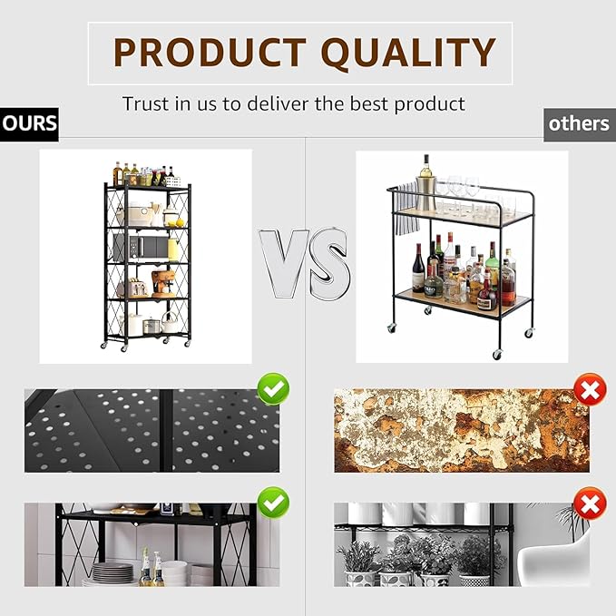2 Folding Shelves 5 Tier Collapsible Shelf 550LBS Folding Metal Rack Shelving with Wheels Heavy Duty No Assembly for Home Kitchen Office