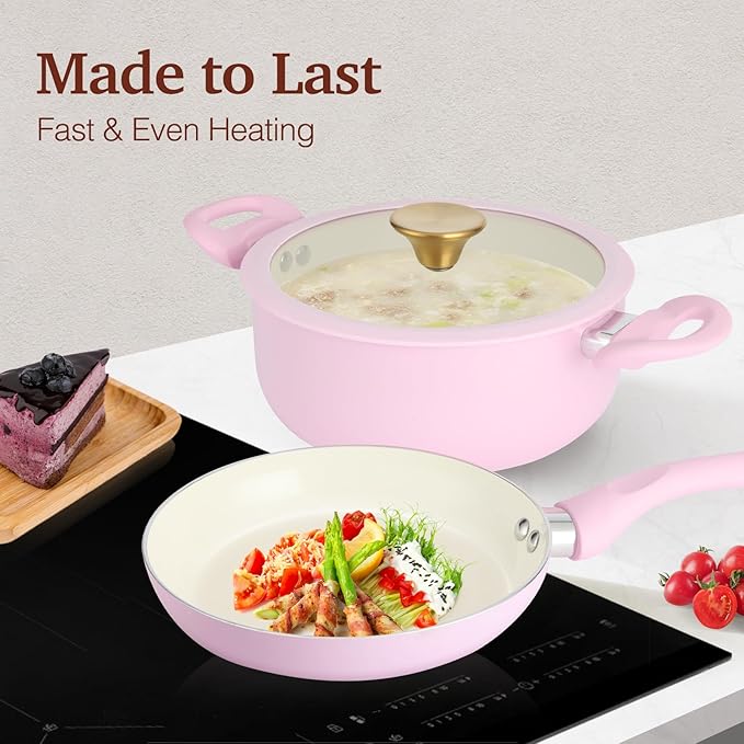 M MELENTA Pots and Pans Set Non Stick, Pink Ceramic Cookware Set, 11-Piece Induction Cookware, Non Toxic Healthy Kitchen Cooking Set, Gold Knobs Lids, Stay-Cool Handles