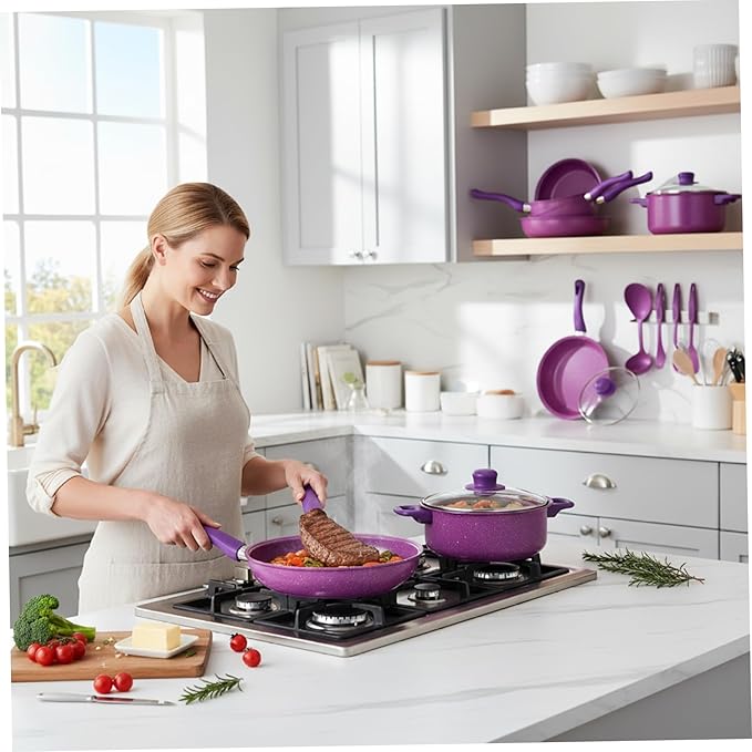 Nonstick Cookware Set, 13-piece Nonstick Cookware Set, Non Stick Pots and Pans with Frying Pan, Saucepans, Milk Pot & Utensils for Home Cooking, Purple
