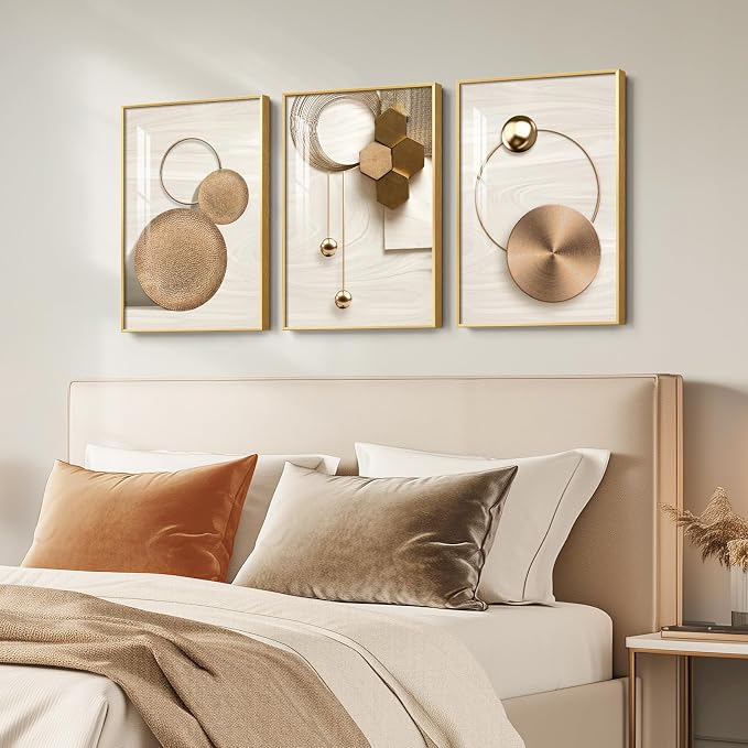 Framed Modern Luxury Gold Wall Art for Living Room, 3 Piece Bright Style Art Prints Paintings Artwork for Walls, Bronze Cirle Geometric Pictures for Dining Room Office Bedroom Hallway Wall Decor 16x24 In
