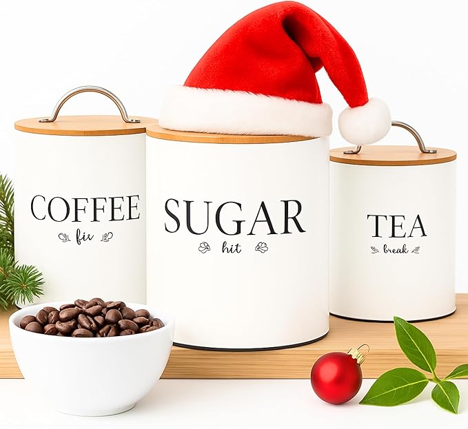 D'Lifeful Tea Coffee Sugar Canister Set - 3pc Airtight Canister Sets for Kitchen Counter - Farmhouse Containers for the Kitchen - Decorative Countertop storage with Airtight Lid for Freshness - White