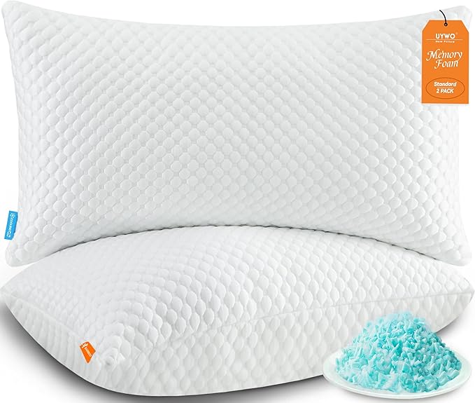 UYWO Cooling Pillows Standard Size Set of 2, Memory Foam Pillows with Zipper, Firm Bed Pillows Adjustable for Hot Side Back Stomach Sleepers