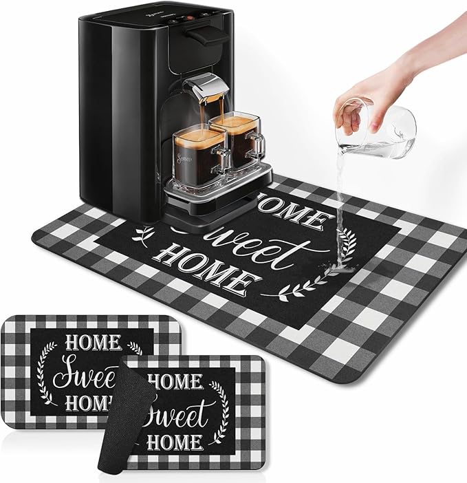 Arttown Coffee Mat for Countertops, Black White Grey Buffalo Grid Dish Drying Mat 2 Pcs for Kitchen Bar Accessories, Fit Under Coffee Maker Espresso Machine Dish Rack Hide Stain Rubber 12x19in