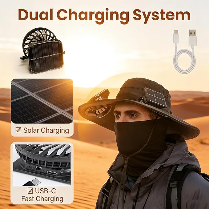 Solar Fan Hat, Hat with Fans Solar Power,Solar Powered Fan Hat for Outdoor Fishing, Hiking Gardening, USB Solar Charging Includes 2 Solar Fans(Black-XL)