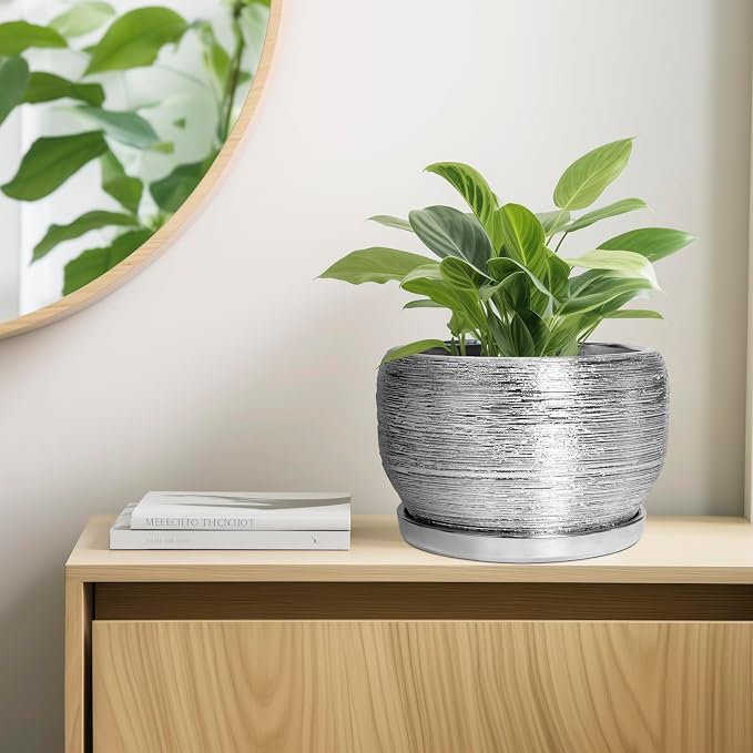 SQOWL Ceramic Pot for Plants - 10 Inch Planter Indoor, Round Large Planter Outdoor with Drainage Hole and Plant Saucer, Decorative Ceramic Flower Pot, Kitchen Decor, Housewarming Gifts, Silver