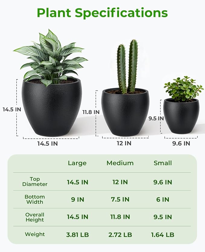 homenote Flower Pots 14.5/12/9.6 Inch,Large Plant Pots Indoor with Drainage,Plastic Pots for Plants,Garden Pots for Outdoor,Large Planters for Indoor Plants,Big Plastic Planter,Off-Black(3 Pcs)