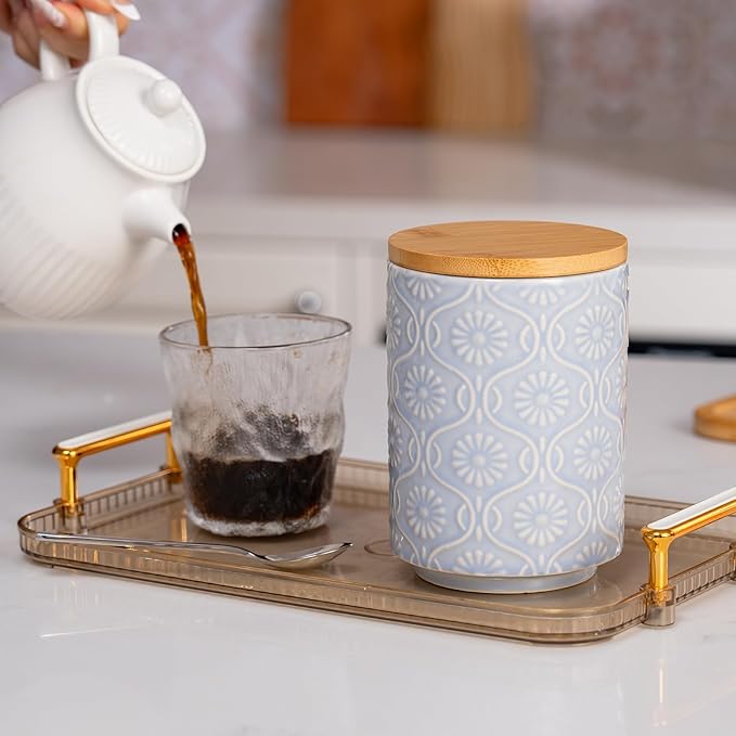 TEATALK Ceramic Jar with Bamboo Lid, Airtight Seal for Coffee, Tea, Sugar, 23 Fl Oz, Light Blue