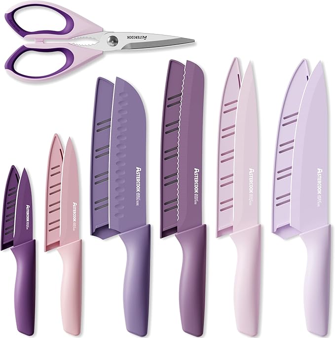 Astercook Knife Set, 13 Pieces Kitchen Knives Set with Healthy Anti-Rust Coating, Dishwasher Safe, Stainless Steel Chef Knife Sets with 6 Blade Guards, Perfect Mothers Day Gifts for Kitchen Purple