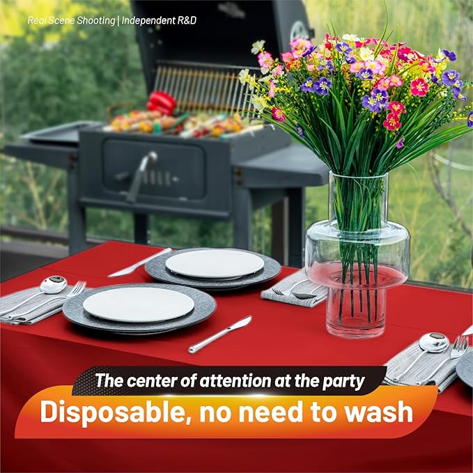 Plastic Table Cloth, 410 Ft X 54 in Disposable Tablecloth Red Tablecloth Premium PEVA Plastic Table Cloth Disposable with Any Cut Sliding Cutters for Picnics, Parties, Birthdays, Festivals