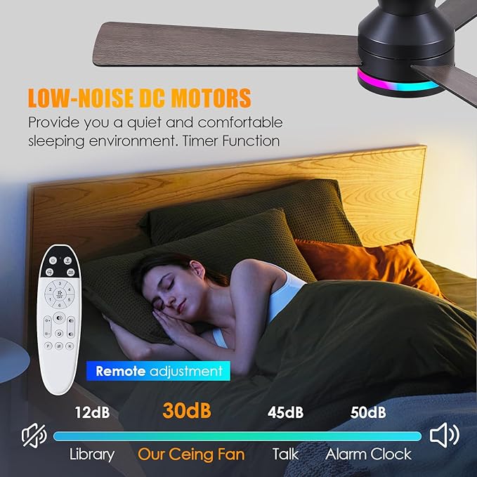 Asyko 46" Black RGB Ceiling Fans with Lights and Remote,Low Profile Ceiling Fans with Quiet Reversible DC Motor,Modern Flush Mount Ceiling Fan Light for Bedroom Kids Room