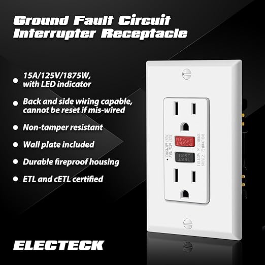 ELECTECK 10 Pack GFCI Outlets 15 Amp, Non-Tamper Resistant, Decor GFI Receptacles with LED Indicator, Ground Fault Circuit Interrupter, Wallplate Included, ETL Listed, Red/Black Button
