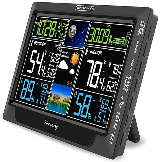 DreamSky Weather Station Indoor Outdoor Thermometer Wireless, Atomic Clock | Digital Large Colorful Display with Brightness Dimmer, Inside Outside Temperature Humidity Monitor for Home (Plug-in)