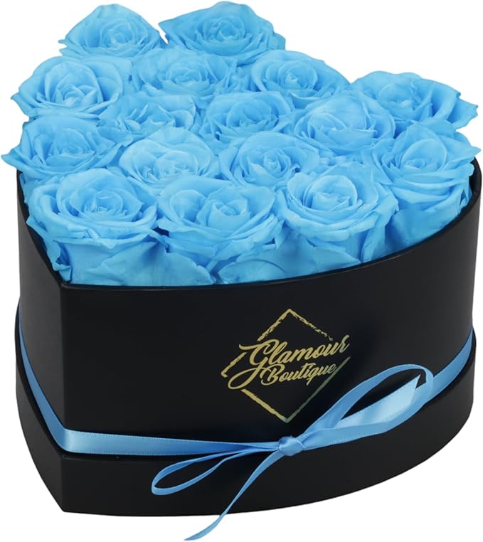 GLAMOUR BOUTIQUE 16 Flower Forever Heart Shape Box, for Mom, Eternal Preserved Roses Gift for Her, Him, Lasting Flowers Bouquet, for Birthday, Anniversary, Teal (Color-Treated)