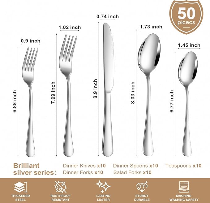 Lazycorner Silverware Set 50 Piece Stainless Steel Flatware Set Silverware Utensils for 10 People Includes Forks Knives Spoons & Salad Forks Dishwasher Safe for Home Restaurant or Outdoor Use