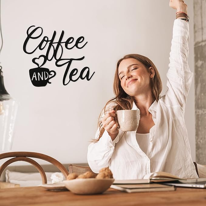 Ferraycle Coffee Bar Decor, 12 x 10.2 Inch Sign for Wall Metal Rustic Hanging Wall Art Vintage Black Cup Letter Sign for Cafe Home Office Kitchen(Coffee and Tea)