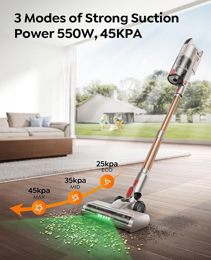 Cordless Vacuum Cleaner 550W 45KPA, 50Mins Stick Vacuum Cordless Rechargeable with 90° Folding Tube, Adjustable Height, Anti-tangle Brush, Wall-Mount, Handheld Vacuum Cleaner for Home/Pet Hair/Floors