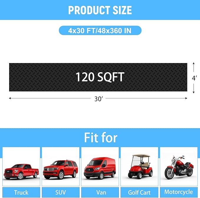 4x30 FT Garage Floor Mat, 2.8mm Thickened PVC Flooring Roll for Under Car, Golf Cart Parking Mat, Diamond Plate Black Motorcycle Mat for Warehouse, Basement, Gyms, Trailer（Included Tapes）