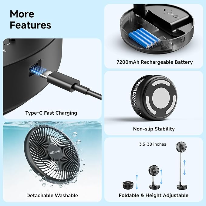 Belife X8 Portable Fan, 7200mAh Battery Powered Rechargeable, Oscillating USB Desk Floor Fan with Remote, Foldable Telescopic Fan for Home Bedroom Sleeping Office Camping Travel, 7.7" (Black)