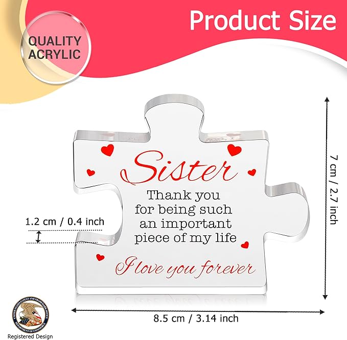 VELENTI Birthday Gift for Sister - Engraved Acrylic Block Puzzle Present - Cute Paperweight Happy Birthday Gift from Brother