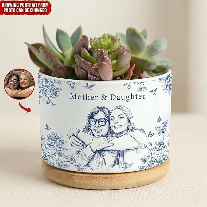 Personalized Mom Portrait Toile De Jouy Plant Pot, Custom Mom Photo Plant Pot from Daughter, Custom Grandma Gifts, Mama Gift, Birthday Gift