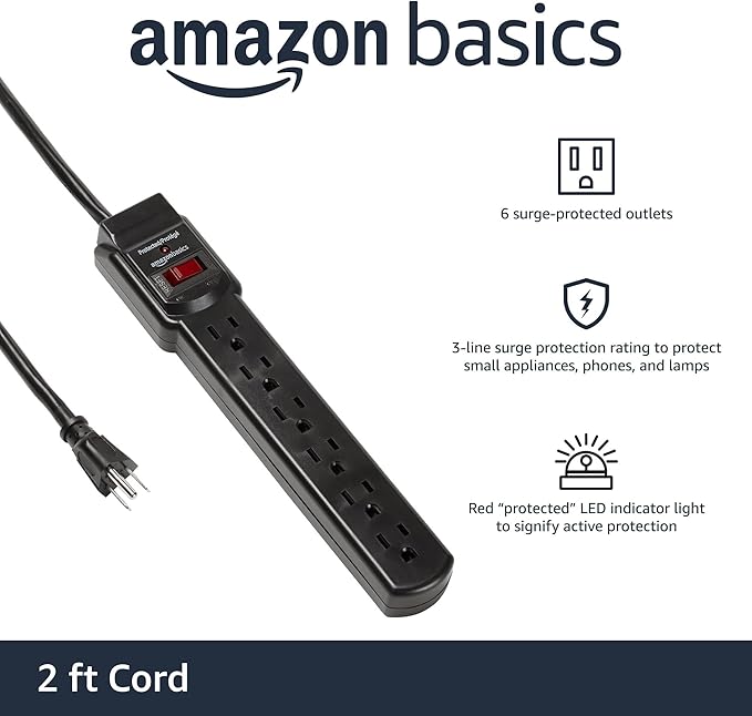 Amazon Basics 6-Outlet Surge Protector Power Strip with 200J Protection, Circuit Breaker, 2ft Extension Cord, Black, 20-Pack