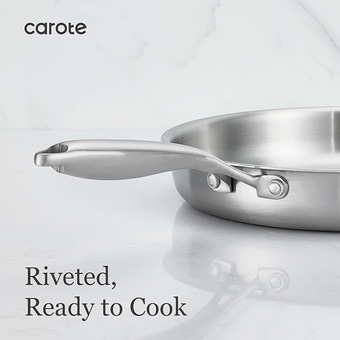 CAROTE 3-Piece Tri-Ply Stainless Steel Frying Pan Set, Skillet Set 8"/10"/12", Induction Compatible, Oven & Dishwasher Safe, Silver Handle