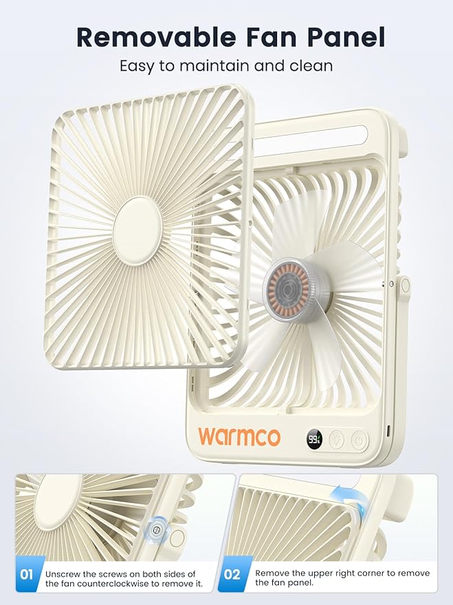 Warmco 20000mAh Battery Powered Fan, 8-Inch Ultra-Slim Portable Camping Fan with LED Lantern, Up to 48H Runtime Rechargeable Desk Fan for Bedroom, Outdoor, Tent, Travel, Cruise Ship Essentials