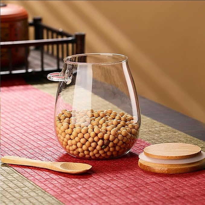Airtight glass jar storage container with bamboo lid Set of 4, wide mouth, leak-proof, With a spoon, can be used for coffee beans, tea leaves, grains, dried fruits, etc (Small*4pcs)