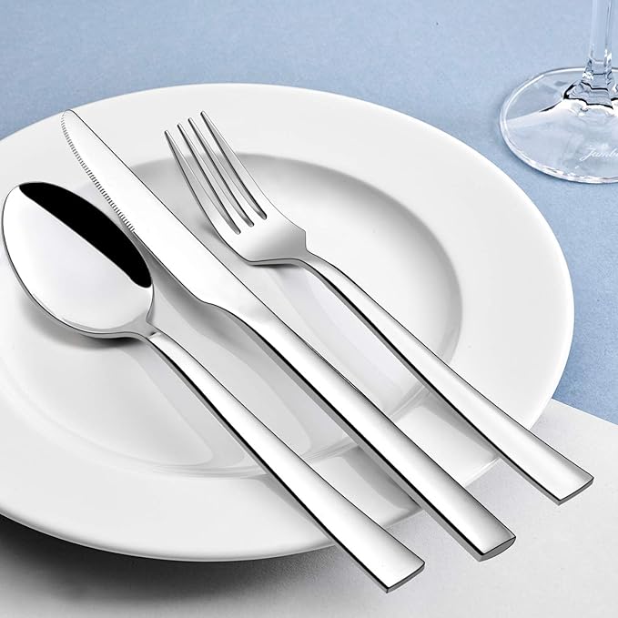 HaWare 24-Piece Silverware Set with Steak Knives, Solid Stainless Steel Modern Elegant Flatware Utensils, Ergonomically Designed, Mirror Polished & Dishwasher Safe