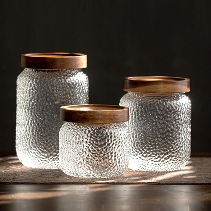 Viovian 24 OZ Glass Coffee Jar with Wooden Lid 700ml Clear Vintage Glass Storage Canister Anti-slip Decorative Jars with Lids for Food Candy Coffee Beans Cookie Sugar