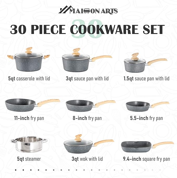 MAISON ARTS 30-Piece Pots and Pans Set - Kitchen Cookware Sets with Nonstick Granite Stone Coating, Suitable for Induction Cooktops,Grey