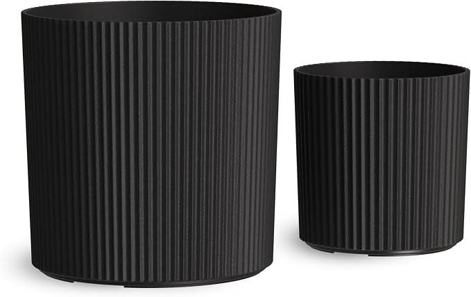 Mayne Haven Set of 2 (10in and 14in) Fluted Planter, Round Planters for Outdoor Plants, Lightweight Concrete Look Plant Pots for Porch, Patio, Garden and Entryway Décor, Black