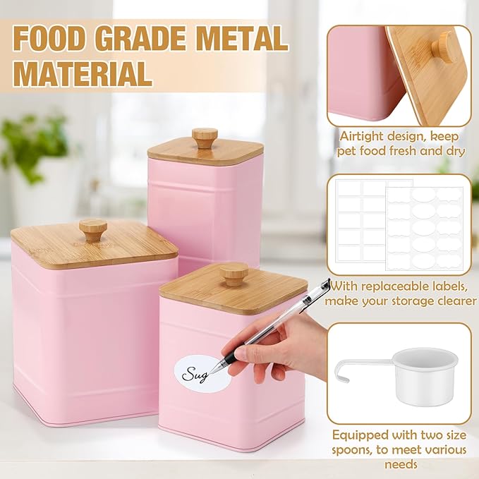 Tioncy Kitchen Canisters for Countertop Set of 3 Metal Canisters Sets with Bamboo Lids Spoon Airtight High Capacity Coffee Tea Sugar Flour Jars with DIY Labels Farmhouse Food Storage(Pink,L,M,S)