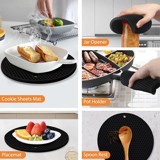 4 Pack Silicone Trivet Mats, 9 Inch Flexible Heat Resistant Silicone Hot Pads Pot Holders for Kitchen Counter, Round Trivets for Hot Dishes - Potholders Jar Opener(Black)