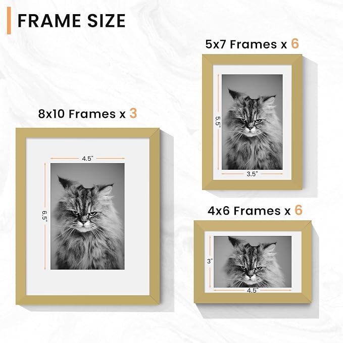Venusmiles 15 Pack Picture Frames Collage Wall Decor, Gallery Frame Set for Wall Mounting or Tabletop Display, Multi Sizes Including 3pcs 8x10, 6pcs 5x7, 6pcs 4x6, Gold