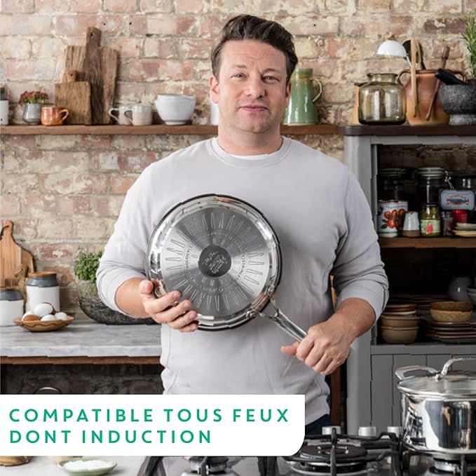 T-Fal Jamie Oliver Cooks Direct, Stainless Steel Non-stick Frying Pan 3 Pcs Set (20/24/28cm) (8/9/11 Inches) with Induction