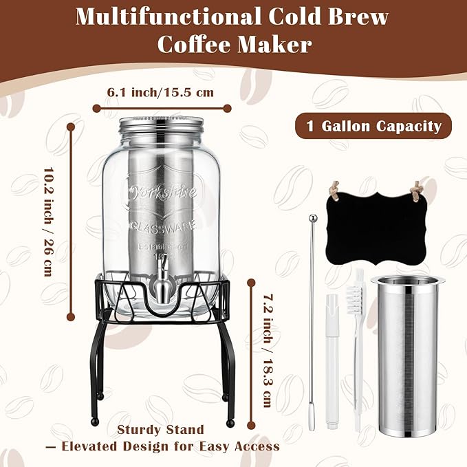1 Gallon Cold Brew Coffee Maker with Stand, Heavy Duty Glass Iced Coffee Maker & Beverage Dispenser, Thick Iced Tea Pitcher for Fridge with 304 Stainless Steel Filter, Spigot & Lid