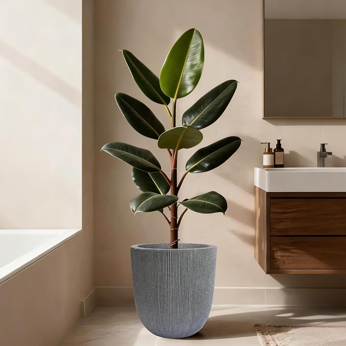 14.8" Tall Round Tapered Planter - Gray Faux Cement Finish, Lightweight Durable Plastic Plant Pot with Drainage Hole & Plug, Weather & UV Resistant Pot for Plants Indoor/Outdoor Use, 12.5" Opening