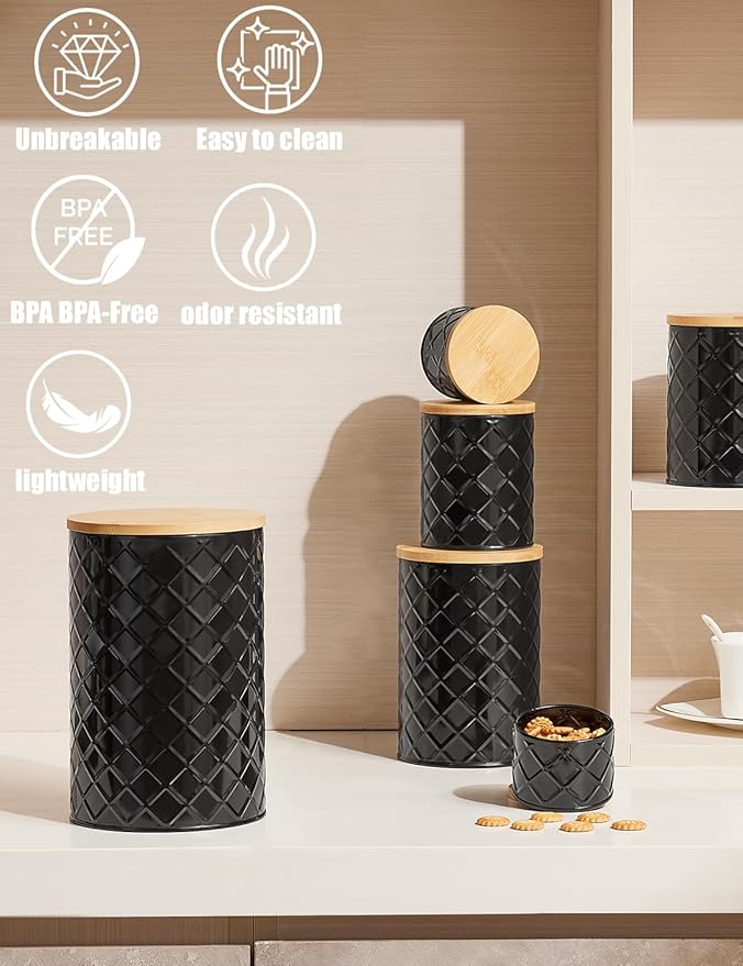 FavorFlavor Kitchen Storage Containers for Countertop Set of 6,Food Containers with Airtight Lids,Flour and Sugar Storage Containers,Black Canister Set for Coffee and Tea,Farmhouse Kitchen Decor