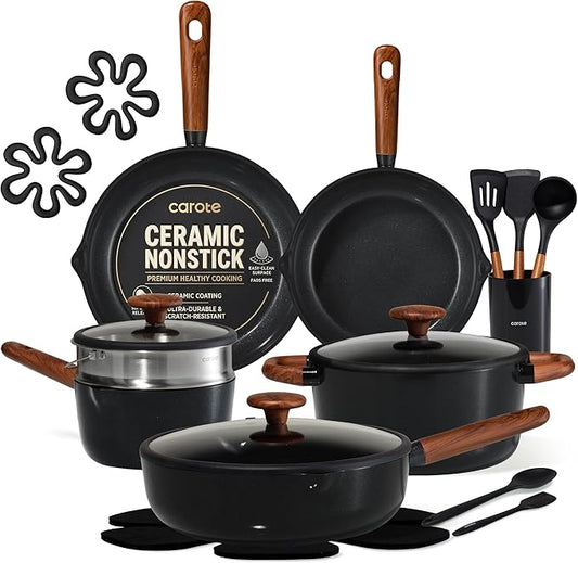 CAROTE 21pcs Cookware Set Nonstick Pots and Pans Set, Ceramic Cookware Set Induction Cookware, Non toxic Healthy Non Stick Kitchen Cooking Set, PFAS PTFE Free, Black