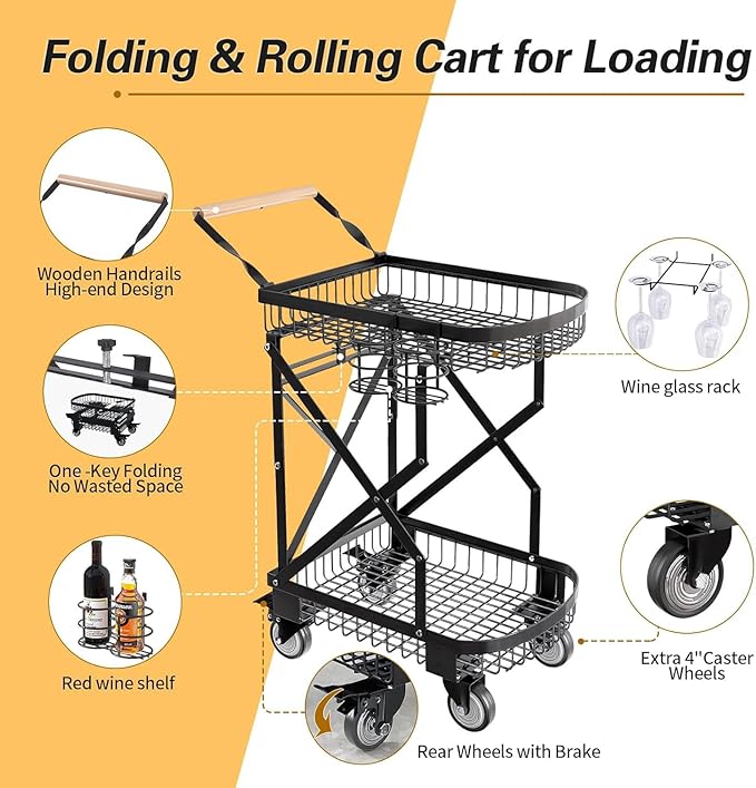 LeleCAT 2-Tier Storage Cart with Wheels, Heavy Duty Folding Rolling Cart,110lbs Capacity Easy Assembly Grocery Cart for Kitchen & Shopping - Collapsible Space-Saving Utility Cart Effortless Carry